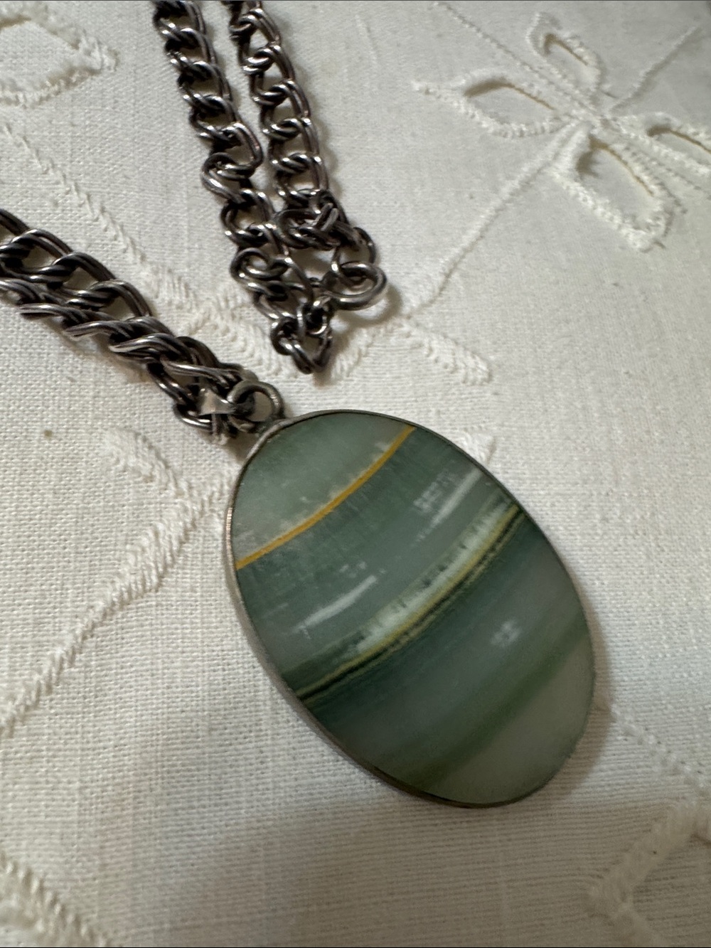 Green Agate Oval Pendant Necklace with silver  Chain - Women's Jewelry